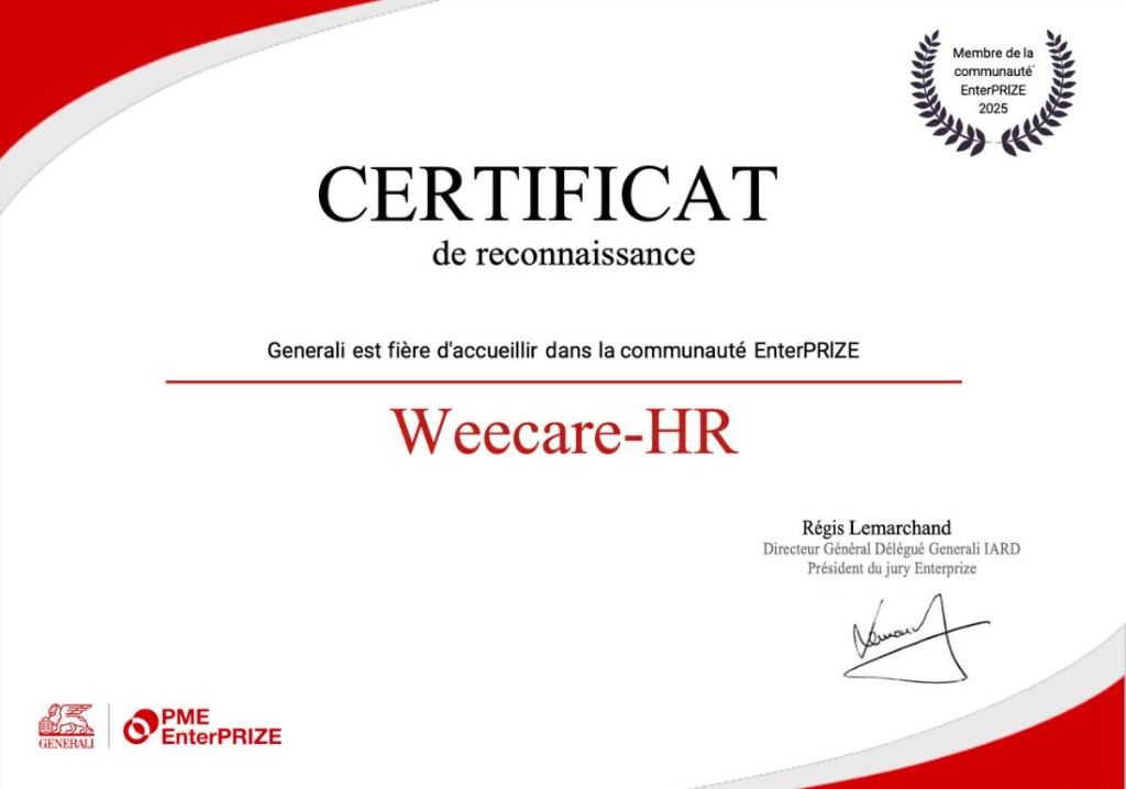Certificat de reconnaissance Generali PME EnterPRIZE 2025, Weecare-HR, membre de la communauté EnterPRIZE